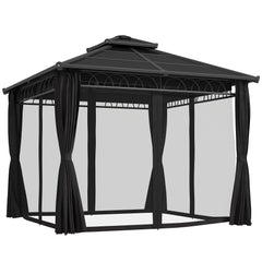 Outsunny 3 x 3 (m) Outdoor Polycarbonate Gazebo, Double√Ç Roof Hard Top Gazebo with√Ç Galvanised Steel Frame, Nettings√Ç &√Ç Curtains for Garden, Lawn, Patio and Deck, Dark Grey