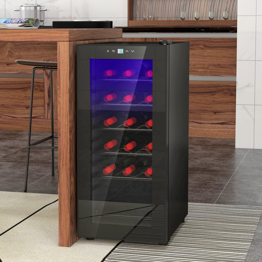 HOMCOM 50L Wine Cooler, 18 Bottles, 5-18√Ç¬∞ Freestanding Wine Fridge with Glass Door, LED Light, Temperature Control and Digital Touch Screen, Black