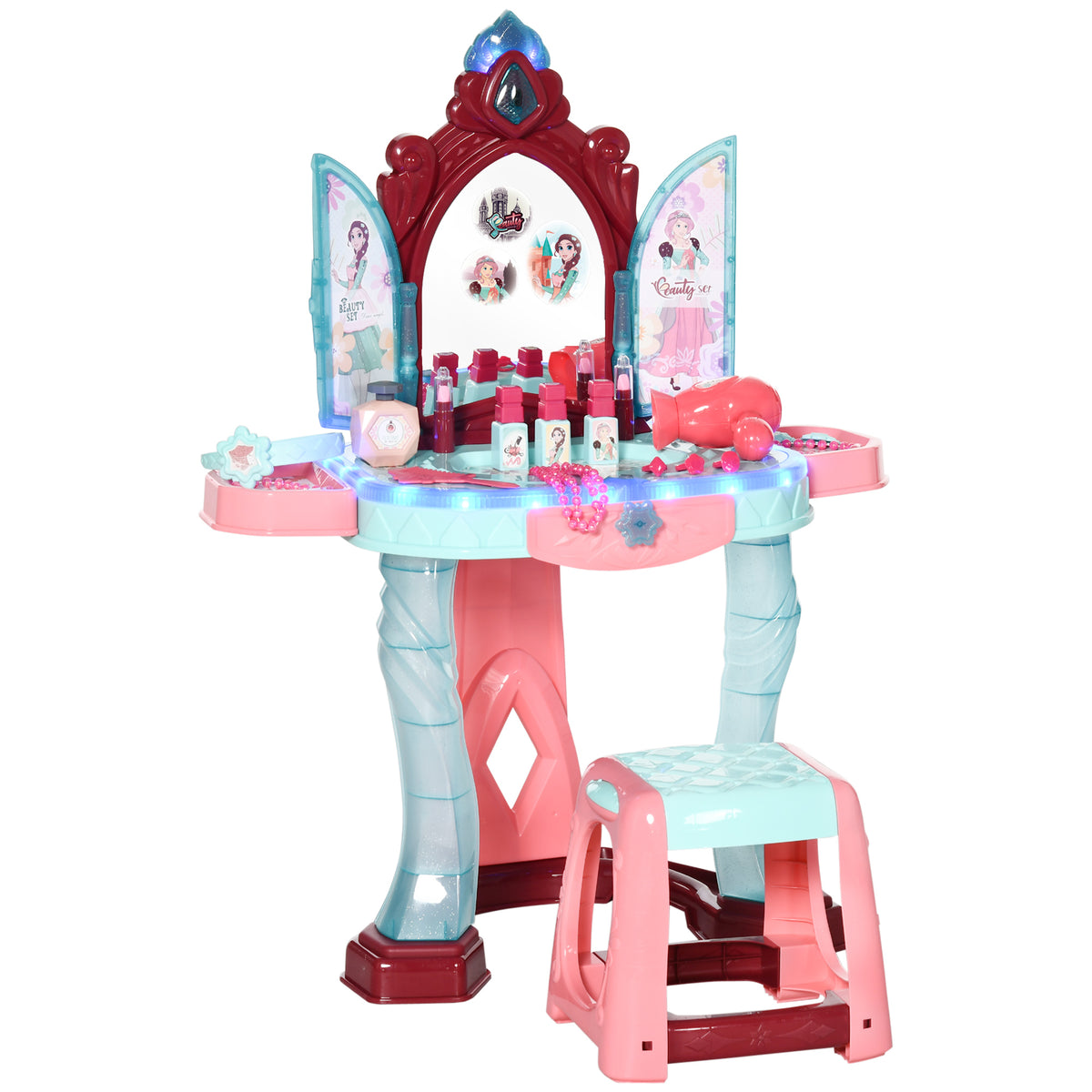 AIYAPLAY 31 Piece Kids Dressing Playset, with Magical Princess Mirror, Light and Sound - Pink and Blue