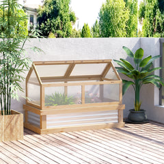 Outsunny Raised Garden Bed with Greenhouse Top, Garden Wooden Cold Frame Greenhouse Flower Planter Protection with 2 Independent Roofs, 122x 61 x 82cm, Natural