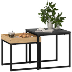 HOMCOM Set of Two Boxy Nesting Tables - Black/Wood-Effect