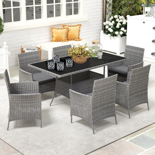 Outsunny 7-Piece Rattan Garden Furniture Set with Cushions, 6 Seater Garden Table and Chairs, Rattan Dining Set with 6 Armchairs, Rectangular Glass Top Table, Charcoal Grey