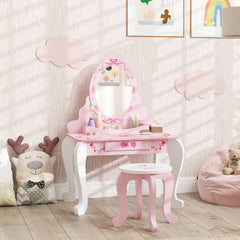 AIYAPLAY Kids Dressing Table Set, Vanity Table with Stool, Mirror, Drawer, Desktop Storage, Ballet Theme, Pink