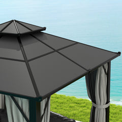 Outsunny 3 x 3(m) Hardtop Gazebo Canopy with UPF30+ Double Polycarbonate Roof, Aluminium Frame Garden Gazebo Permanent Pavilion with Mosquito Netting and Curtains for Patio, Deck, Grey