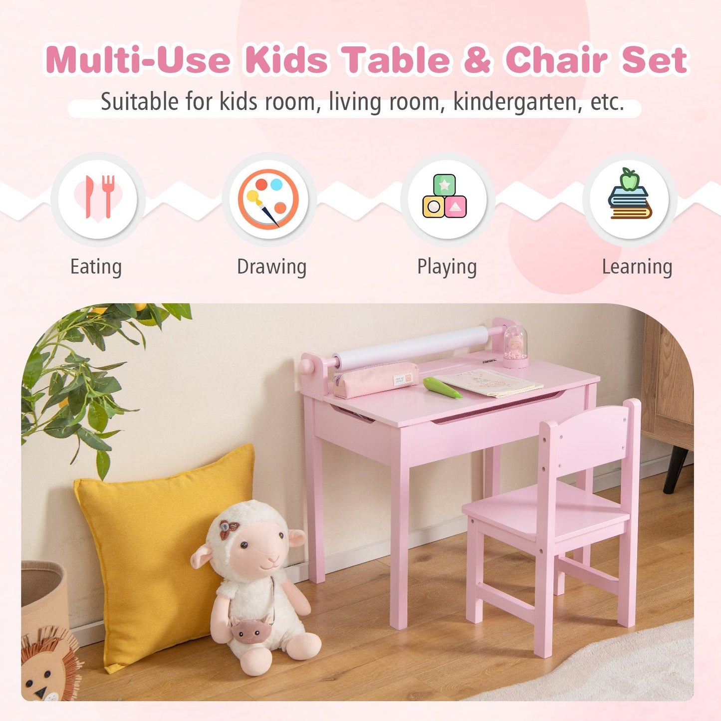 Toddler Activity Table with Chair with Storage and Paper Roll Holder-Pink