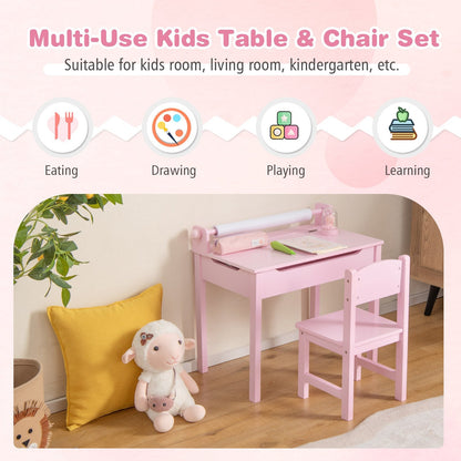 Toddler Activity Table with Chair with Storage and Paper Roll Holder-Pink