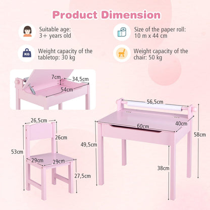 Toddler Activity Table with Chair with Storage and Paper Roll Holder-Pink