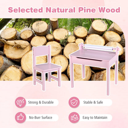 Toddler Activity Table with Chair with Storage and Paper Roll Holder-Pink