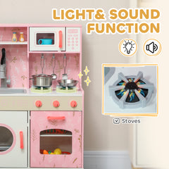 AIYAPLAY Play Kitchen, Kids Kitchen Set with Lights and Sounds, Double Stoves, Ice Maker, Chalkboard for 3+ Years - Pink