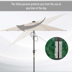 Outsunny â2.7m Garden 24 LED Light Parasol Solar Outdoor Tilt Sun Umbrella Patio Club Party Event Manual Sun Shade w/ Hand Crank and 8 Ribs, Off-white