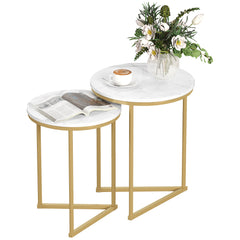 HOMCOM Set of Two Marble-Effect Nest of Tables - White/Gold-Tone