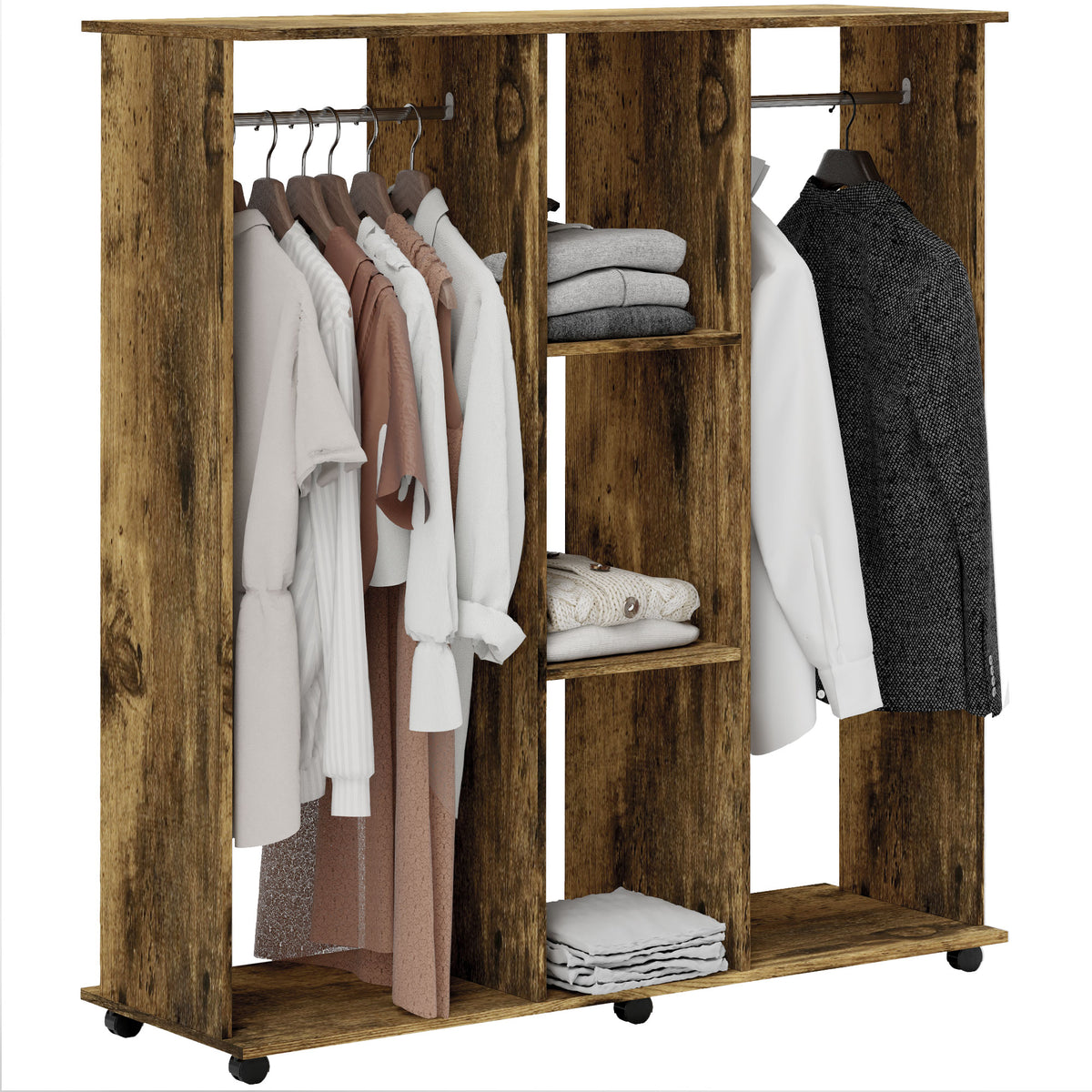 HOMCOM Open Wardrobe Double Mobile Storage Shelves Organizer W/6 Wheels-Rustic Brown