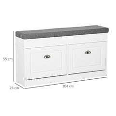 HOMCOM Shoe Storage Bench with Flip Drawers, Shoe Cabinet with Seat Cushion and Adjustable Shelf for Hallway, Entryway, Living Room, Bedroom, White