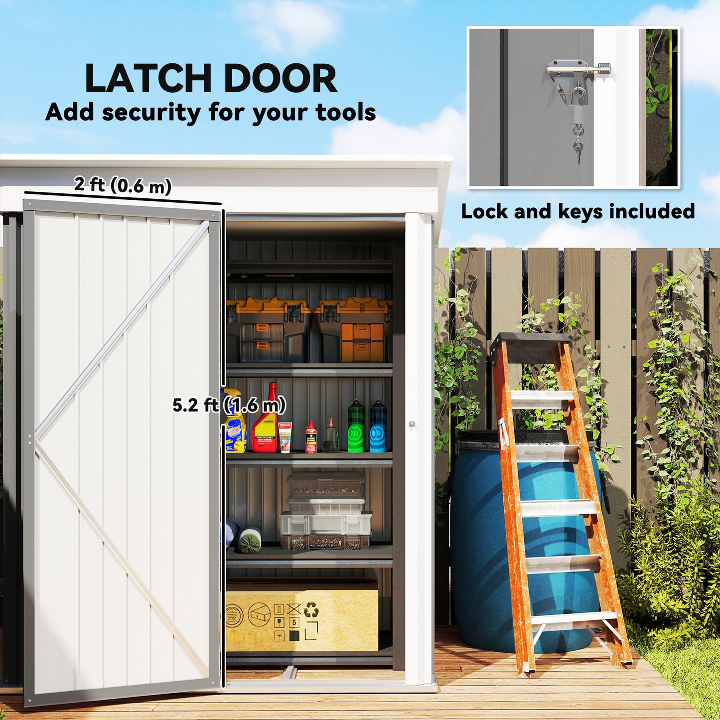 Outsunny Metal Garden Shed, Outdoor Lean-to Shed for Tool Motor Bike, with Adjustable Shelf, Lock, Gloves, 5'x3'x6', Grey