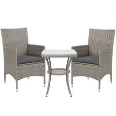 Outsunny 3 Pieces Rattan Bistro Set, Wicker Garden Furniture Set with 2-Tier Coffee Table and Chairs, Washable Cushions, for Outdoor Patio Balcony, Grey