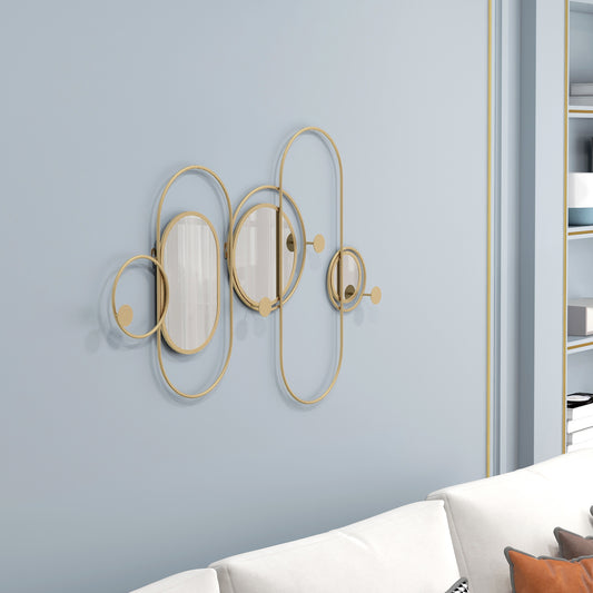 HOMCOM Metal Wall Mirror Decor with Coat Hooks, Modern Decorative Wall Art for Living Room Bedroom, Gold Tone