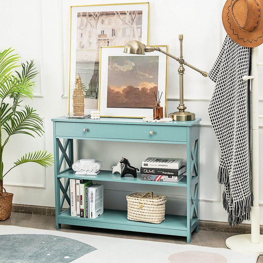 3-Tier Console Table with 1 Drawer and 2 Storage Shelves-Turquoise