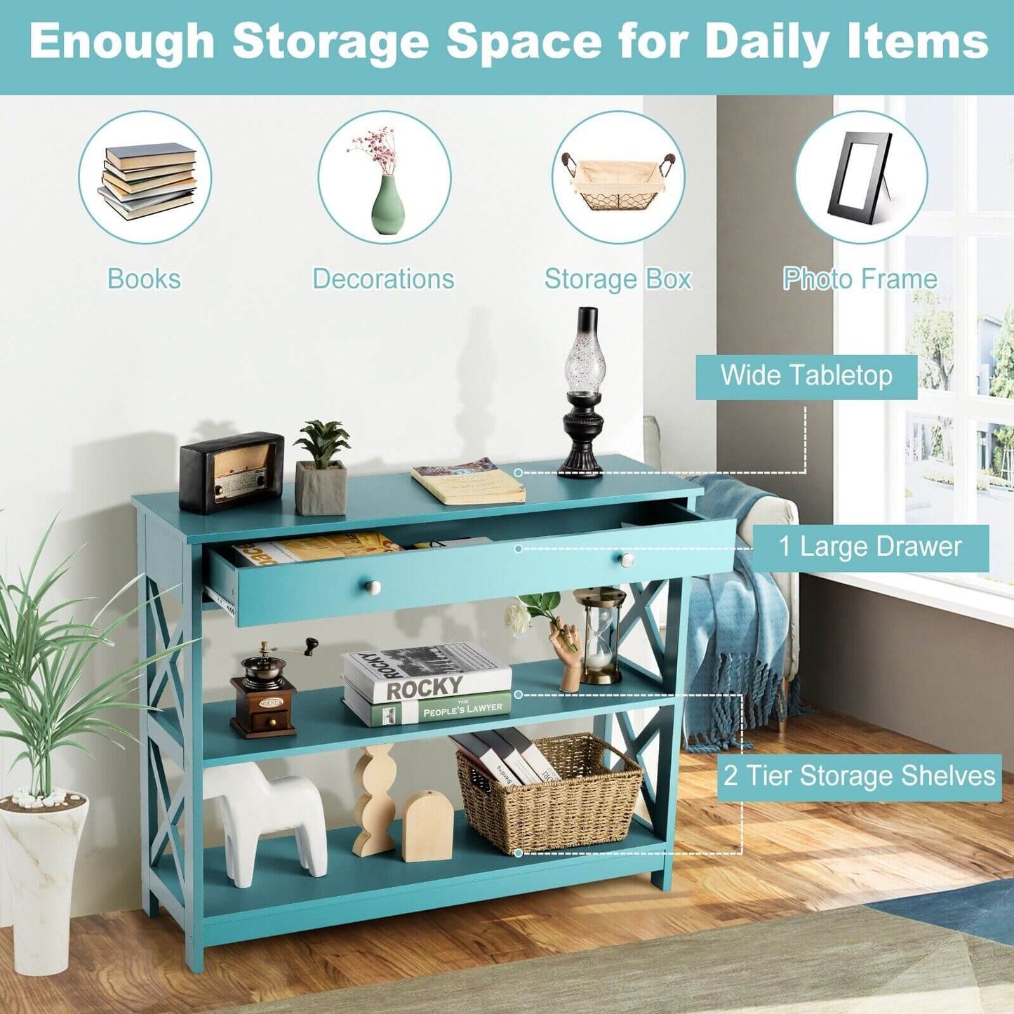 3-Tier Console Table with 1 Drawer and 2 Storage Shelves-Turquoise