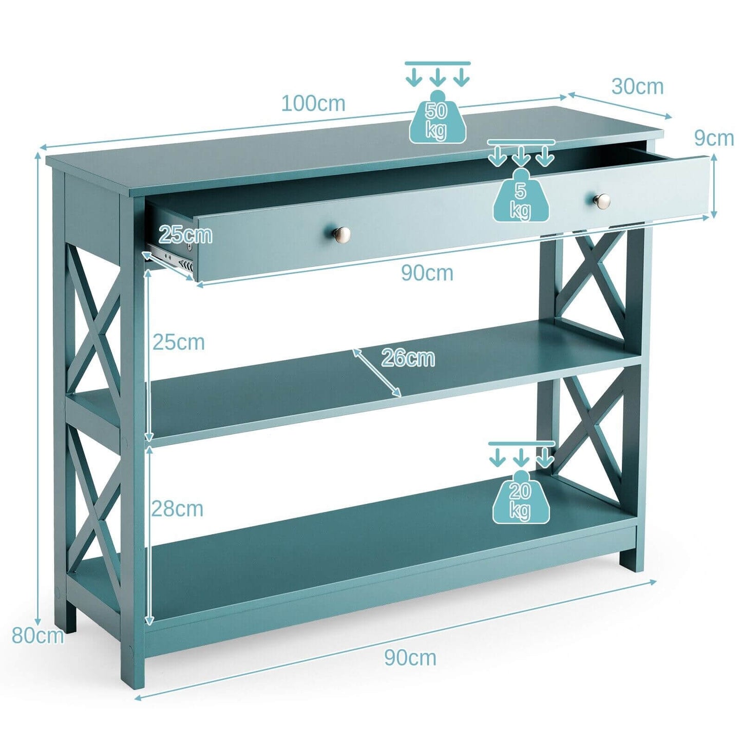 3-Tier Console Table with 1 Drawer and 2 Storage Shelves-Turquoise