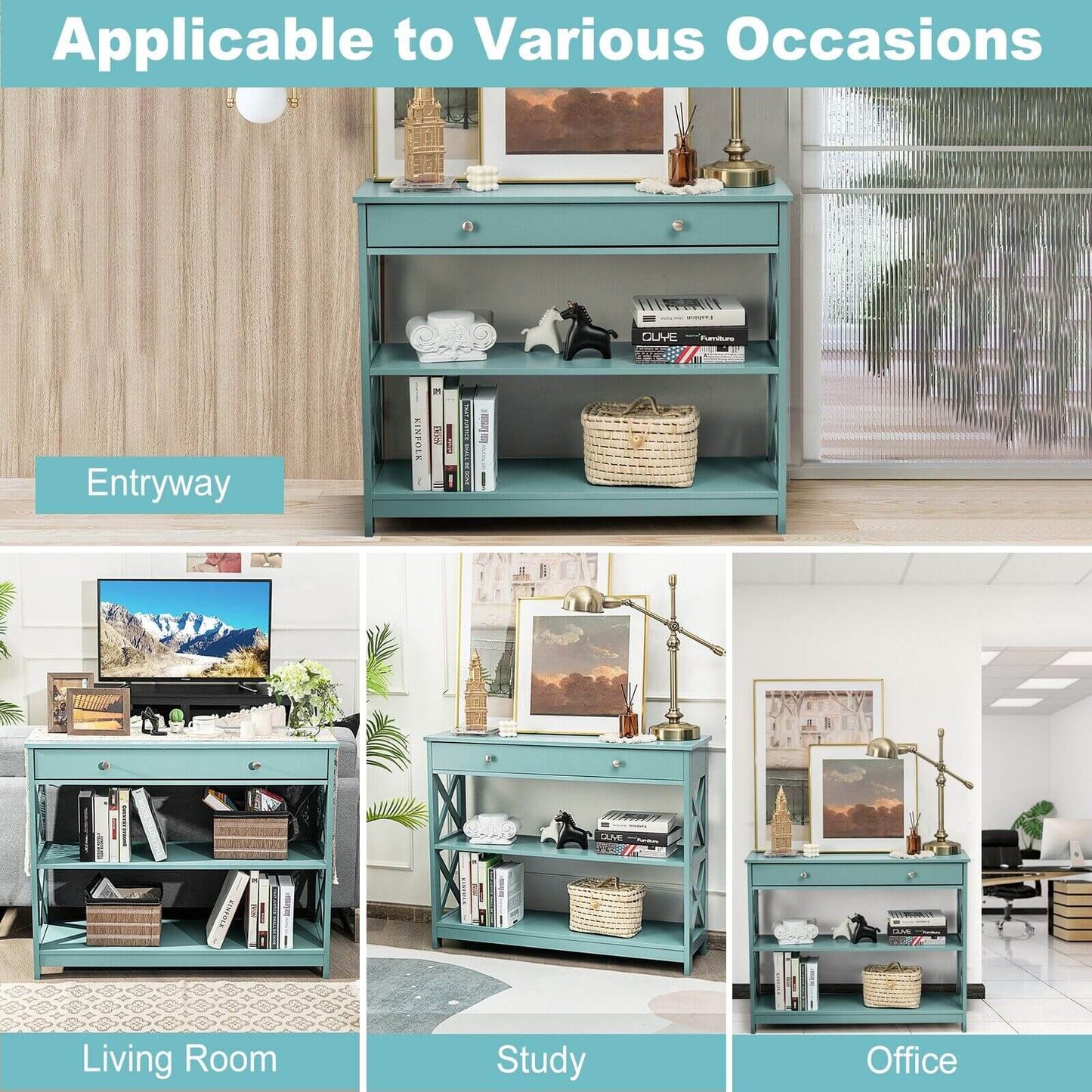 3-Tier Console Table with 1 Drawer and 2 Storage Shelves-Turquoise