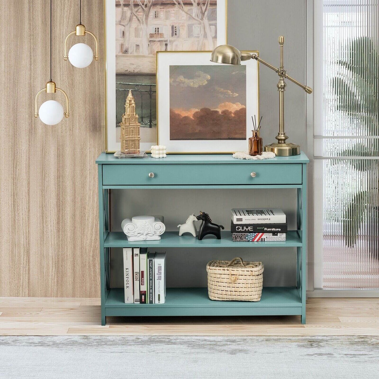 3-Tier Console Table with 1 Drawer and 2 Storage Shelves-Turquoise