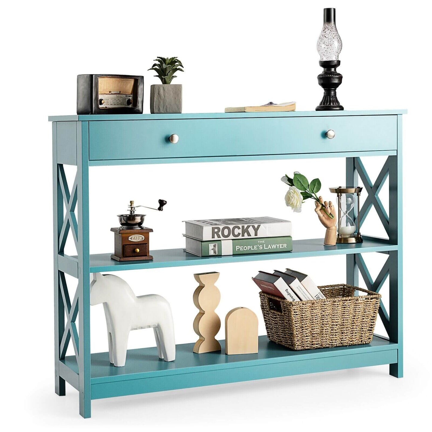 3-Tier Console Table with 1 Drawer and 2 Storage Shelves-Turquoise