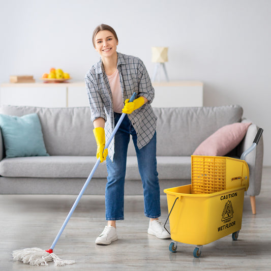 HOMCOM Mop Bucket with Wringer Set on Wheels for Floor Cleaning, 20 Litre Side Press Wringer with Handle and Mop, Yellow