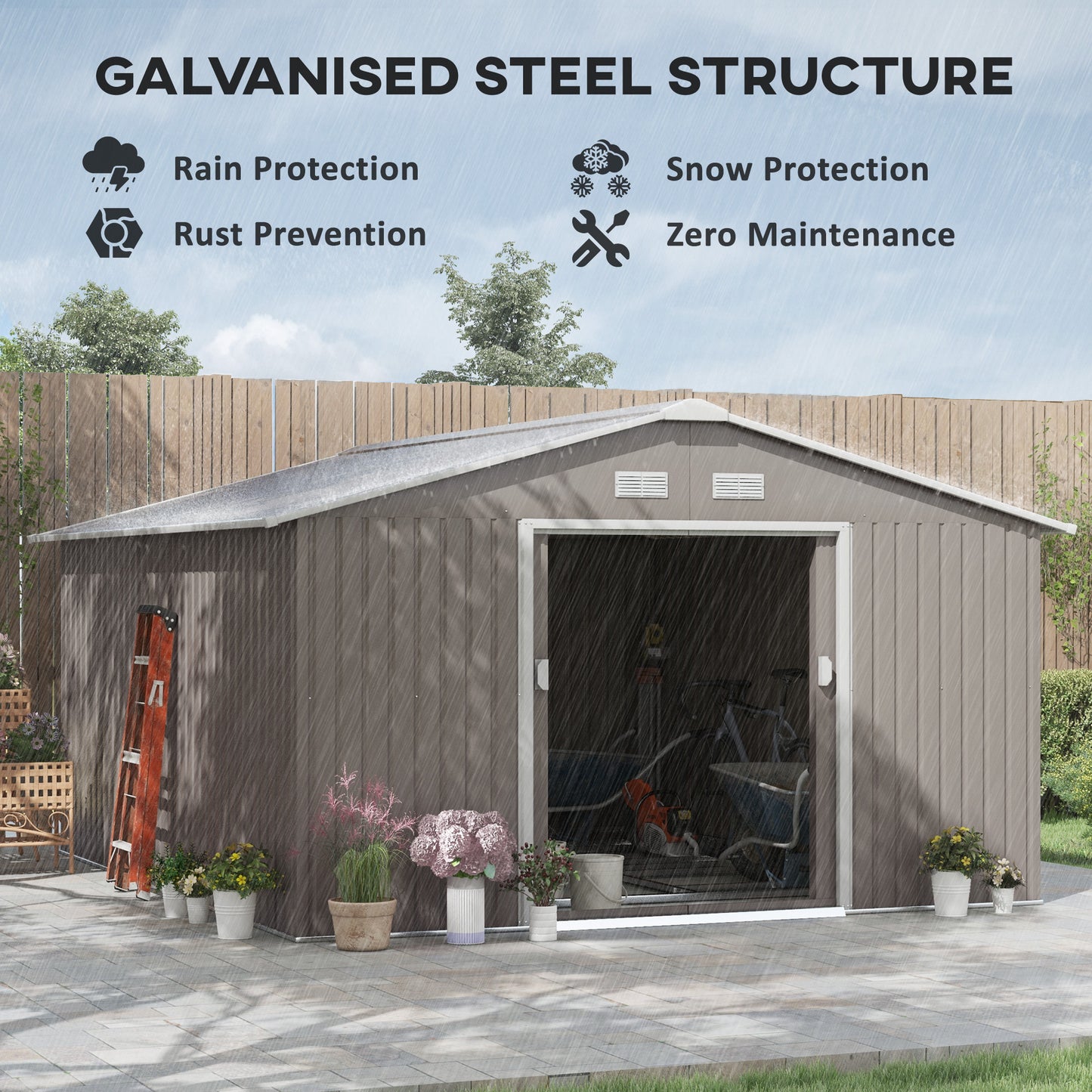 Outsunny 13 x 11ft Large Garden Shed, Mental Garden Storage Shed with Foundation Kit Ventilation & Doors, Light Grey