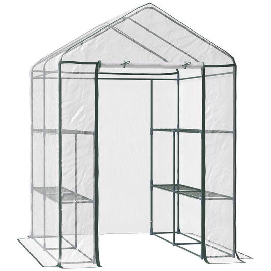 Outsunny Walk in Greenhouse with 3-Tier 8 Shelves, Green House with Hemmed Cover, Roll-up Zipped Door, Steel Frame, 143 x 143 x 195cm