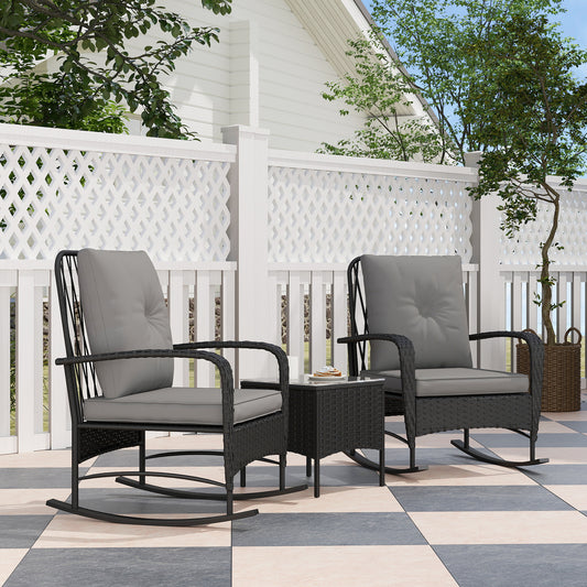 Outsunny Three-Piece Rocking Chair Rattan Bistro Set - Black