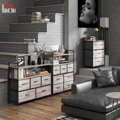 HOMCOM Rustic Chest of Four Fabric Drawers - Grey Wood Effect