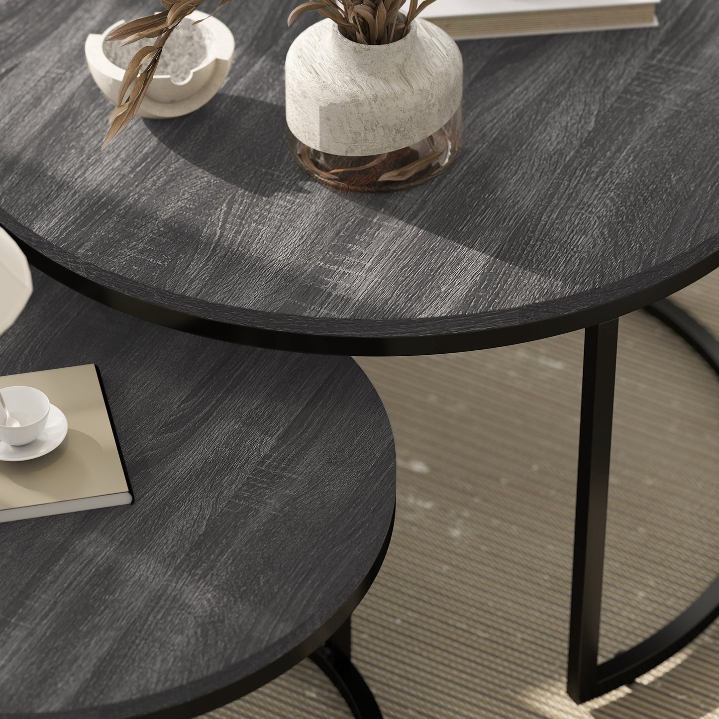 HOMCOM Set of Two Marble-Effect Stacking Tables - Black