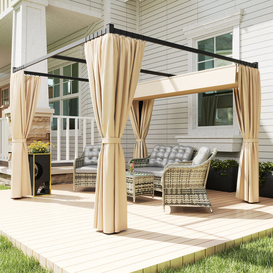 Outsunny 3 x 3m Retractable Roof Pergola, with Curtains - Khaki