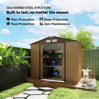 Outsunny 7 x 4ft Lockable Metal Garden Tool Storage Shed, Outdoor Storage Shed with Foundation and vents, Light Brown