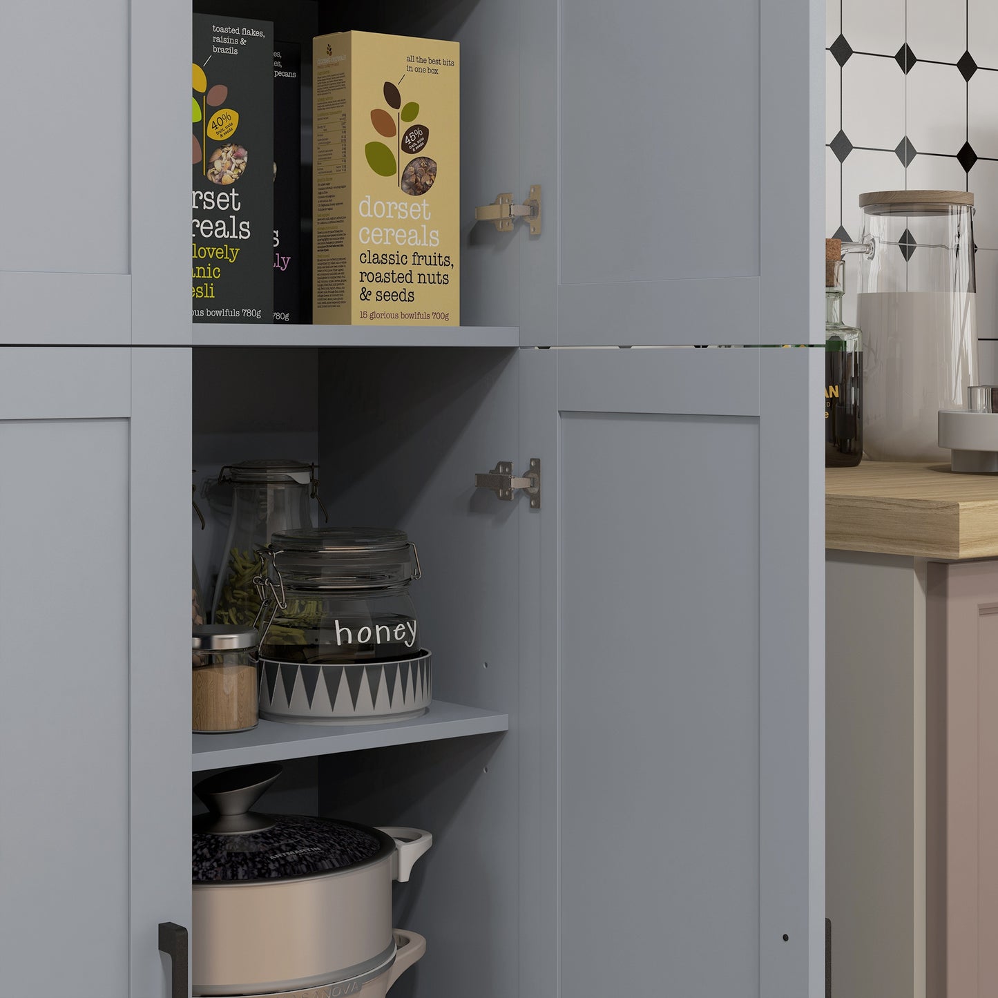 HOMCOM Freestanding Kitchen Cupboard, 4-Door Storage Cabinet with Adjustable Shelves, Modern Kitchen Pantry for Dining Room, 170cm, Grey