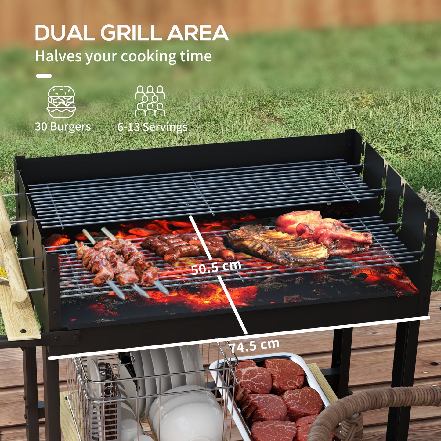 Outsunny Charcoal√Ç BBQ√Ç Grill, Barbecue√Ç Trolley with Double Adjustable Grill, Side Table, Storage Shelf and Wheels for Outdoor Garden Party Cooking, Black