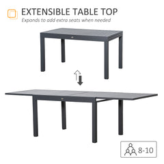 Outsunny Extendable Garden Table 135-270cm x 90cm x 75cm, 10 Seater Outdoor Dining Table with Aluminium Frame for Lawn, Balcony and Backyard, Grey