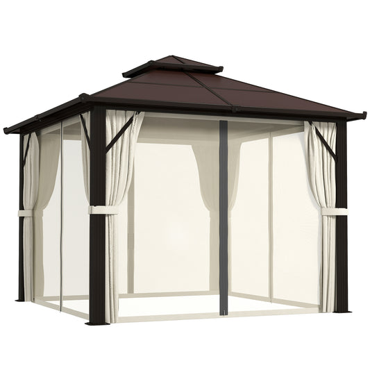 Outsunny 3 x 3(m) Hardtop Gazebo Canopy with UPF30+ Double Polycarbonate Roof, Aluminium Frame Garden Gazebo Permanent Pavilion with Mosquito Netting and Curtains for Patio, Deck, Beige