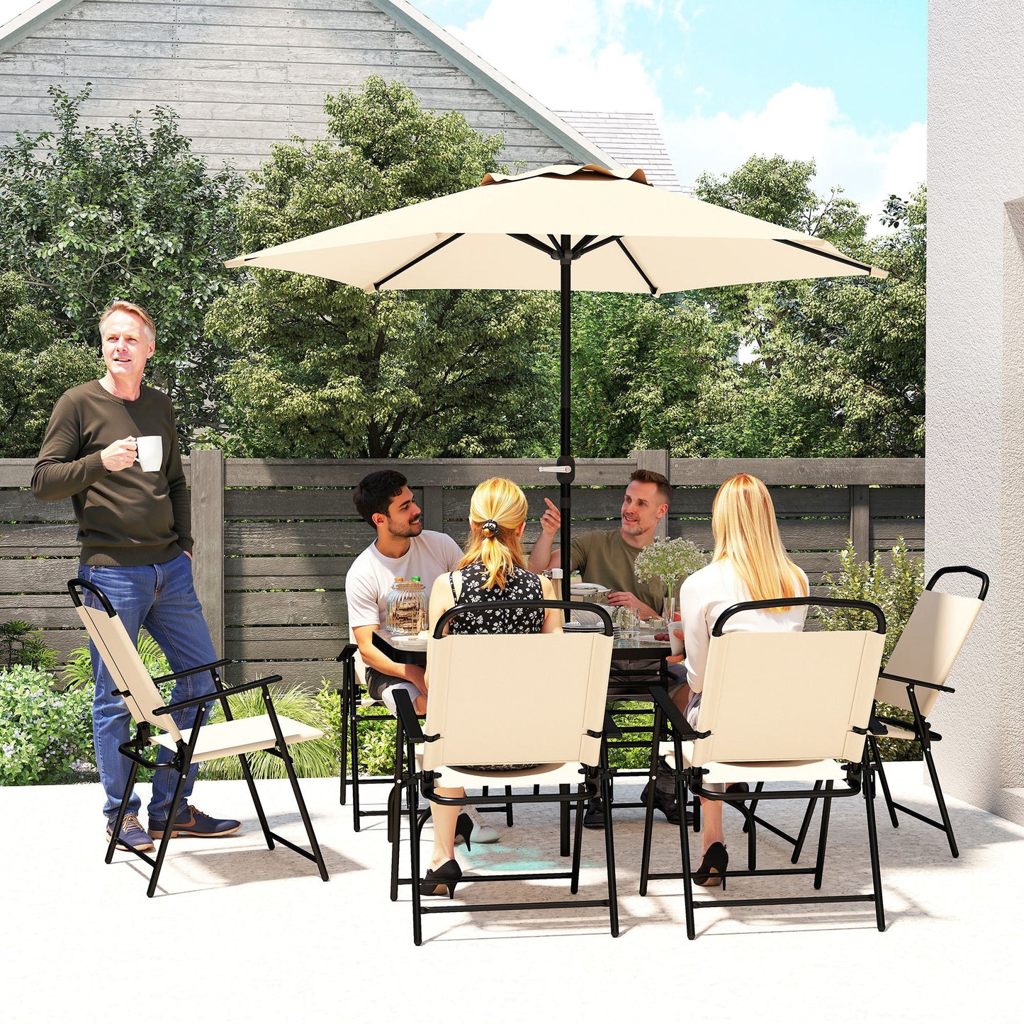 Outsunny 8 Pieces Garden Dining Set with Umbrella, Patio Sets with Parasol with 6 Foldable Chairs, Glass Top Table, and Sun Parasol, Beige
