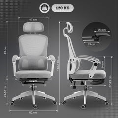 HOMCOM Ergonomic Office Chair, Mesh High Back Desk Chair with Adjustable Lumbar Support and Headrest, Footrest, Reclining Executive Swivel Computer Chair for Home Study, Grey