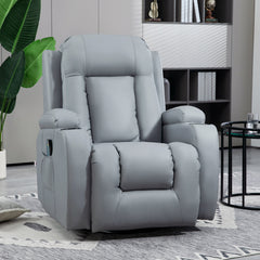 HOMCOM Massage Recliner Chair with 8 Vibration & Heat, PU Leather Recliner Armchair with Cup Holders and Side Pockets, Manual Reclining Chair with Remote, 360√Ç¬∞ Swivel, Rocking, Light Grey