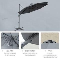 Outsunny 3(m) Cantilever Roma Parasol Patio Sun Umbrella with Crank & Tilt LED Solar Light Cross Base 360√Ç¬∞ Rotating Outdoor, Dark Grey