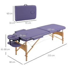 HOMCOM Portable Massage Bed, Folding Spa Beauty Massage Table with 2 Sections, Carry Bag and Wooden Frame, Purple