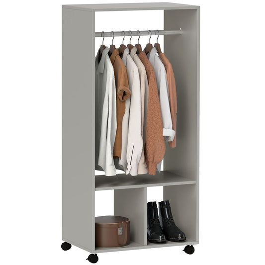 HOMCOM Open Wardrobe on Wheels, Bedroom Wardrobe with Clothes Hanging Rail, 2 Storage Shelves, Mobile Garment Rack for Cloakroom, Hallway, Grey