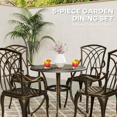 Outsunny 5 Pieces Garden Dining Set for 4, Cast Aluminium Outdoor Dining Set with 4 Armchairs and Round Dining Table with Parasol Hole, Garden Furniture Set, Bronze Tone