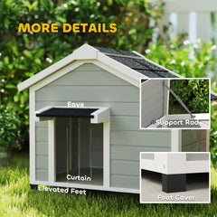 PawHut Wooden Dog House Outdoor with Openable Roof, Removable Floor, Curtain, Elevated Feet, for Medium Dogs, Light Grey