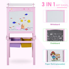 HOMCOM Kids Easel 3 in 1 Wooden Art Easel with Paper Roll Double-Sided Chalkboard & Whiteboard with Storage Baskets for Toddler Girls, Pink