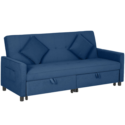 HOMCOM Three-Person Velvet-Feel Sofa Bed - Blue