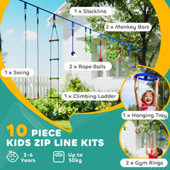 AIYAPLAY 10 Piece Zip Line Kit for Kids with 10m Slackline, Monkey Bars, Swing, Climbing Ladder, Hanging Tray, Metal Rings