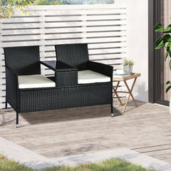 Outsunny 2 Seater Rattan Campanion Chair Wicker Loveseat Outdoor Patio Armchair with Drink Table Garden Furniture - Black